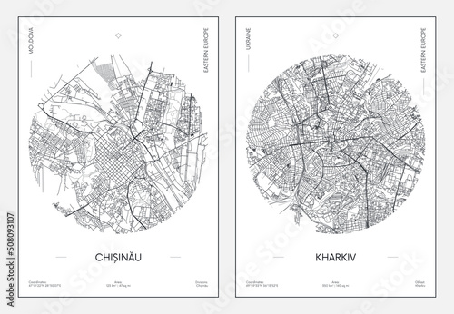Travel poster, urban street plan city map Chisinau and Kharkiv, vector illustration photo