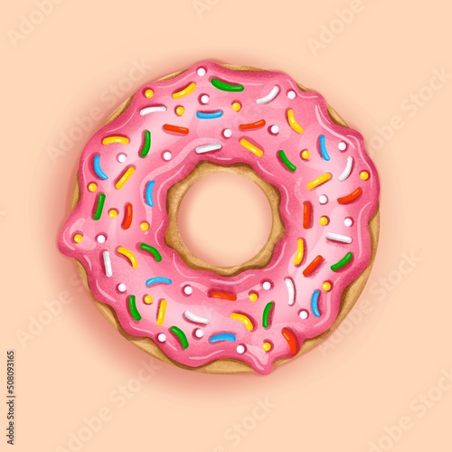 Delicious donut with pink icing. Realistic illustration.