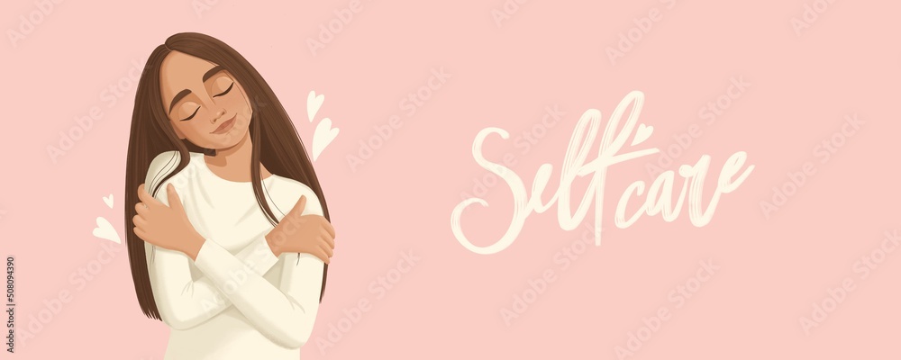 Woman portrait illustration. Self care print. Girl hugs herself. Сareful attitude Woman portrait illustration. Self care print. Girl hugs herself. Сareful attitude