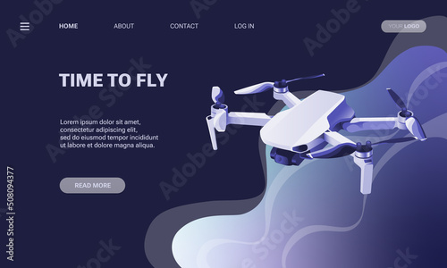 Landing page template of drone. Modern flat design concept of web page design for website and mobile website. Vector illustration quadcopter. Screen template for  smartphone, banner, flyer