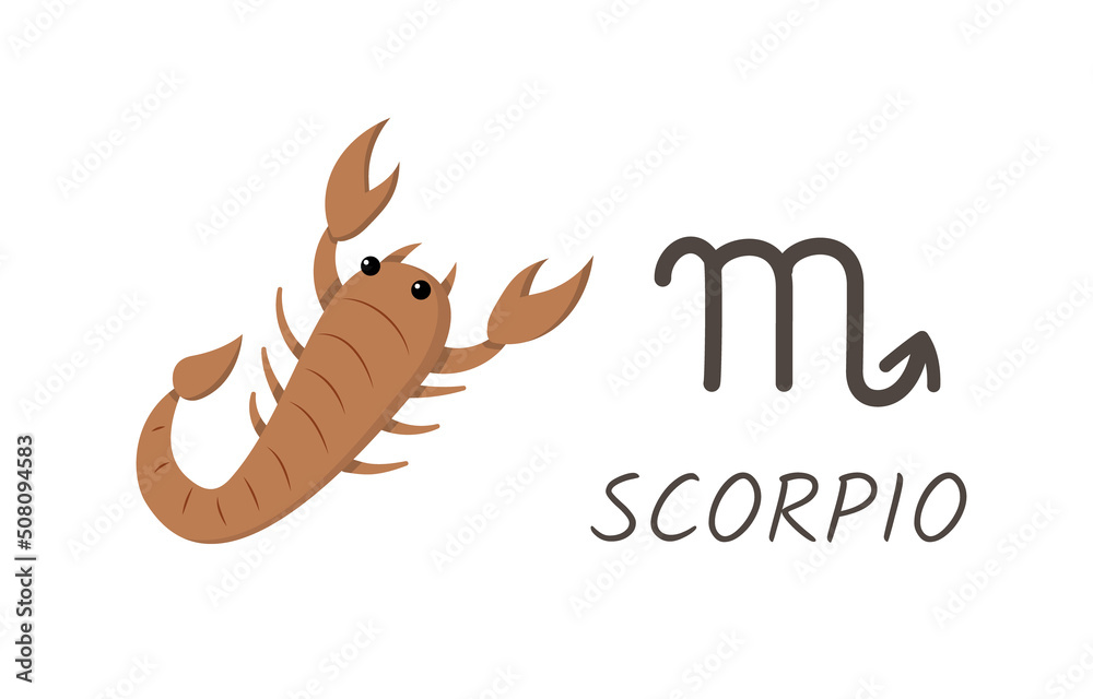 Obraz premium Zodiac sign horoscope scorpio with symbol and inscription. Illustration of a crustacean cartoon style