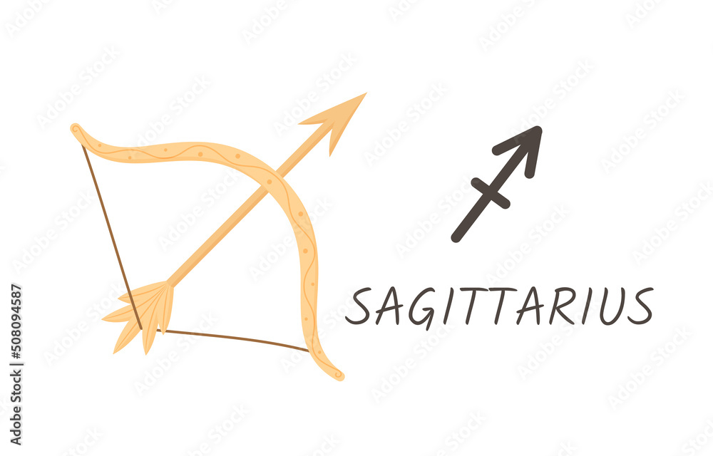 Sagittarius horoscope zodiac sign with symbol and inscription. Bow with arrow stretched string cartoon style