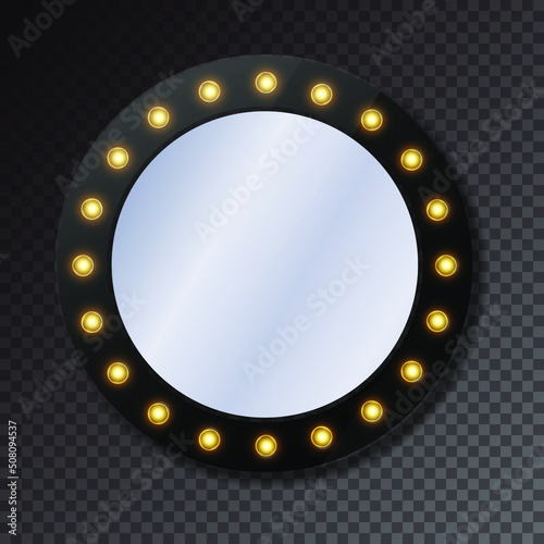Realistic round mirrors. Make up mirror with light bulbs. Square frames with light bulbs on black board isolated on transparent background.
