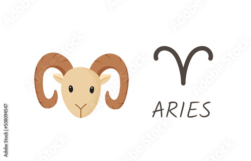 Aries horoscope zodiac sign with symbol and inscription. Ram head cartoon style