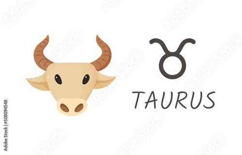 Taurus horoscope zodiac sign with symbol and inscription.Bull head cartoon style