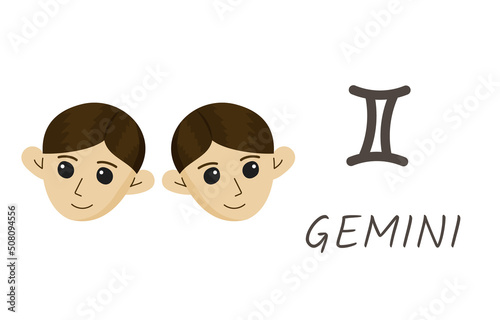 Gemini horoscope zodiac sign with symbol and inscription.Two human heads cartoon style