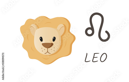 Leo horoscope zodiac sign with symbol and inscription.Lion head cartoon style