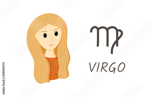 Virgo horoscope zodiac sign with symbol and inscription.Girl head cartoon style
