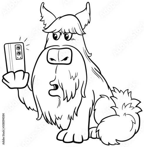 cartoon dog taking a selfie with smart phone coloring page
