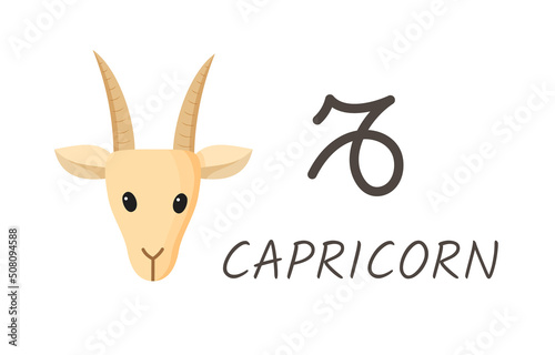 Capricorn horoscope zodiac sign with symbol and inscription. Goat head cartoon style
