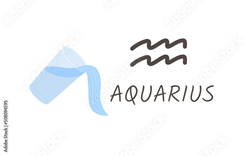 Aquarius horoscope zodiac sign with symbol and inscription. A glass of water is pouring cartoon style