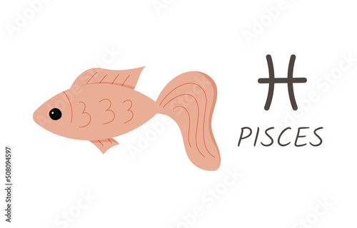 Pisces horoscope zodiac sign with symbol and inscription. Cartoon style fish illustration