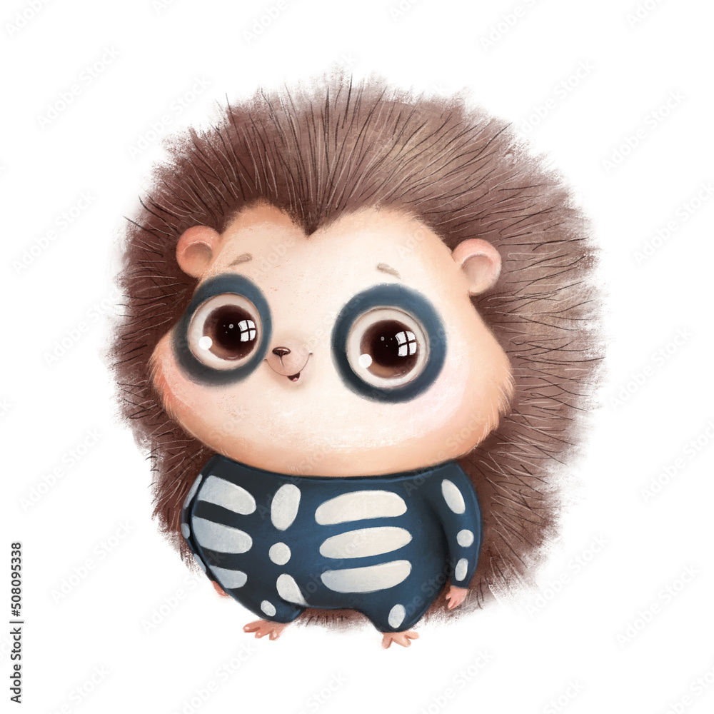 Digitally drawn illustration of a cute cartoon halloween hedgehog in a skeleton costume. Cute halloween animals. Digitally drawn illustration of a cute cartoon halloween hedgehog in a skeleton costume. Cute halloween animals.