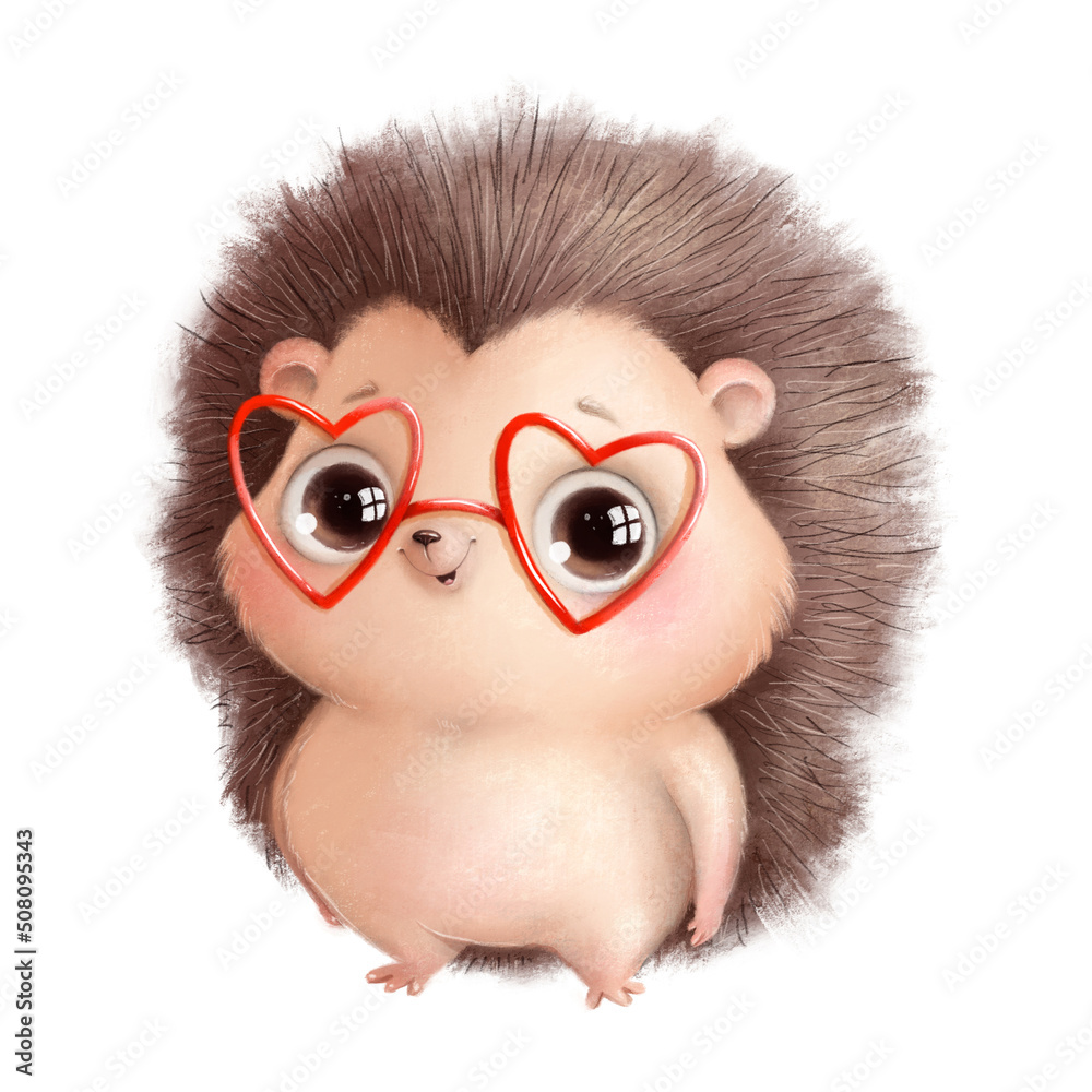 Digitally drawn illustration of a cute cartoon valentines day hedgehog wearing heart glasses. Cute valentine animals.