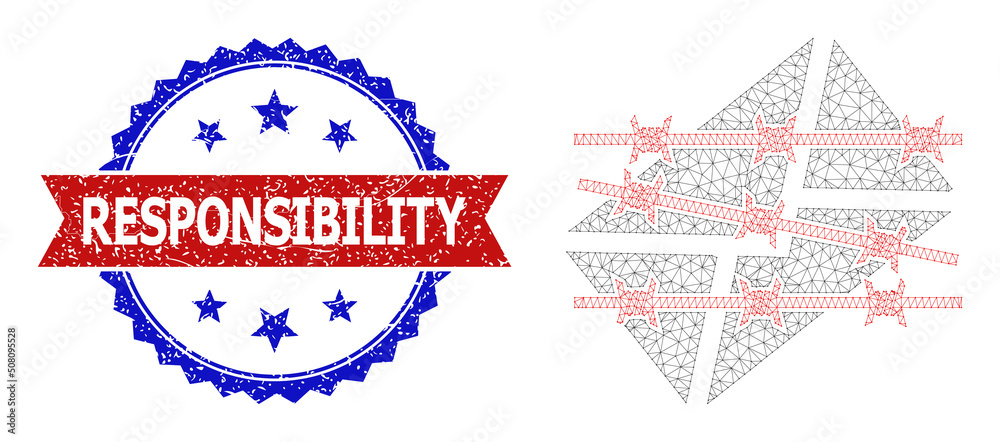 Net spam letter jail polygonal frame icon, and bicolor grunge Responsibility watermark. Red badge has Responsibility text inside ribbon and blue rosette.