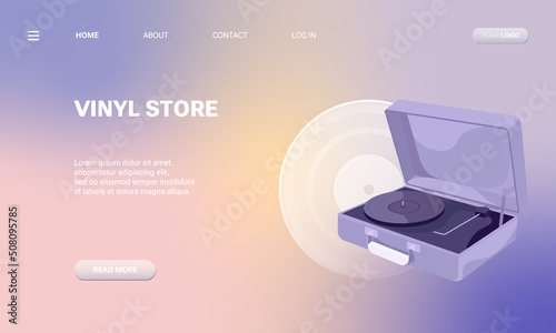 Landing page template with vintage turntable vinyl record player. Modern flat design concept of web page design for website and mobile. Abstract vector illustration with gradient. 