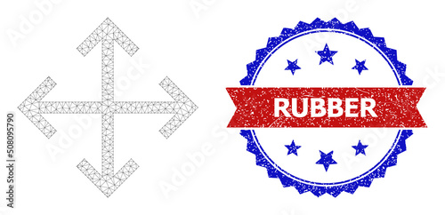 Net expand arrows polygonal carcass icon, and bicolor rubber seal stamp. Red stamp seal contains Rubber caption inside ribbon and blue rosette. Vector carcass polygonal mesh expand arrows icon.