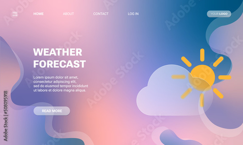 Landing page template of weather forecast concept. Vector illustration for websites, mobile applications, posters and banners. Transparent glassmorphism icon gradient and abstract background