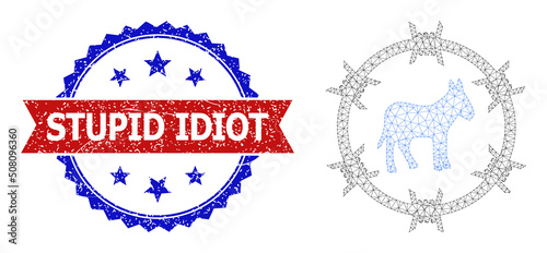 Mesh net donkey arrest polygonal carcass icon, and bicolor grunge Stupid Idiot seal stamp. Red stamp includes Stupid Idiot tag inside ribbon and blue rosette.
