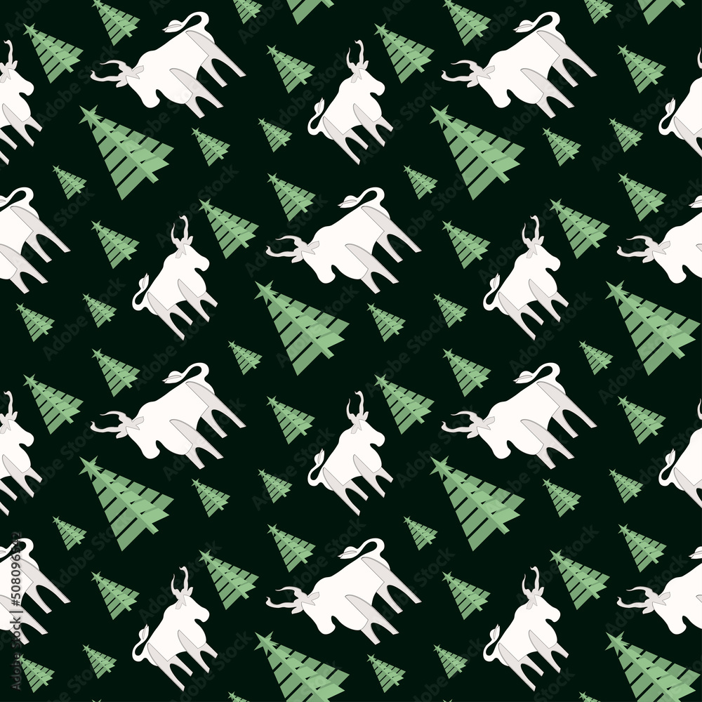 Vector seamless Christmas pattern with herringbone and white bull Symbol of 2021 on the Chinese calendar black background. Animal volumetric image, New Year and Christmas character for wrapping paper, Vector seamless Christmas pattern with herringbone and white bull Symbol of 2021 on the Chinese calendar black background. Animal volumetric image, New Year and Christmas character for wrapping paper,