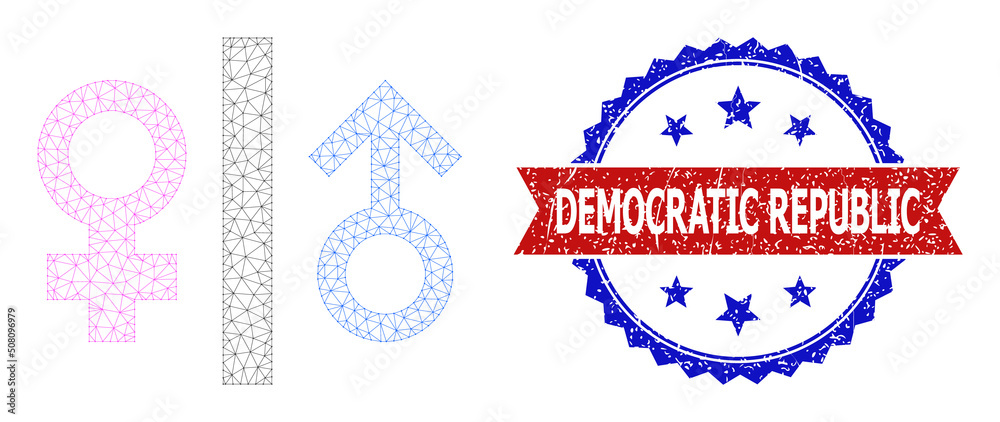 Mesh net toilet gender sign polygonal wireframe icon, and bicolor grunge Democratic Republic seal. Red stamp seal includes Democratic Republic title inside ribbon and blue rosette. Mesh net toilet gender sign polygonal wireframe icon, and bicolor grunge Democratic Republic seal. Red stamp seal includes Democratic Republic title inside ribbon and blue rosette.