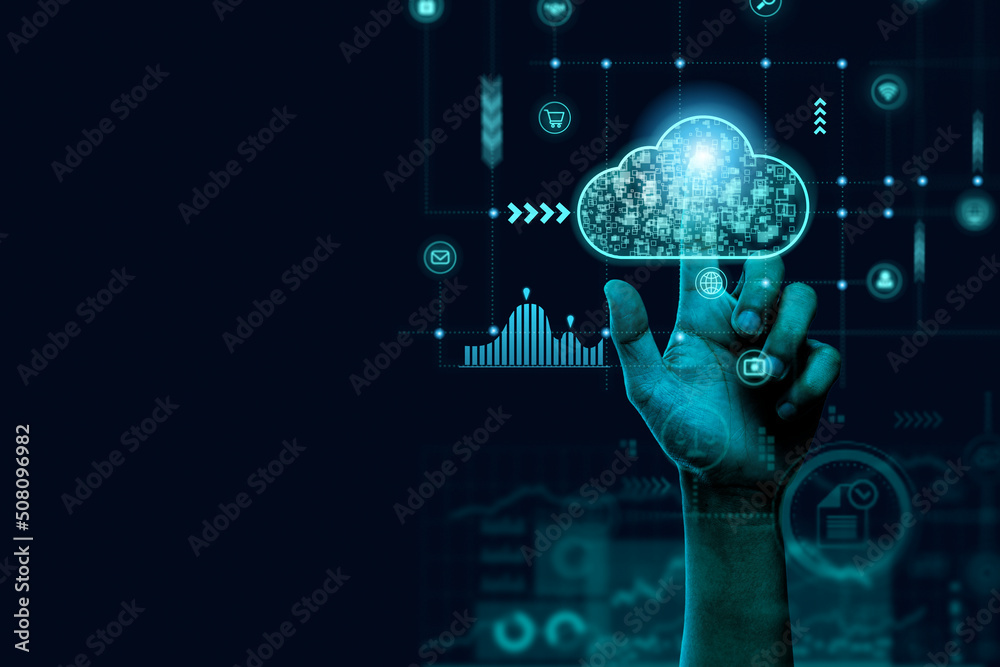 hand touching virtual cloud computing to transfer data information and upload download application. technology transformation concept.