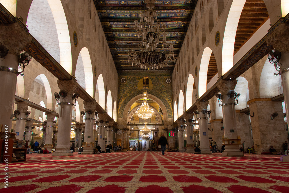 The interior inside of Al-Aqsa Mosque in the Old City of Jerusalem - Israel.