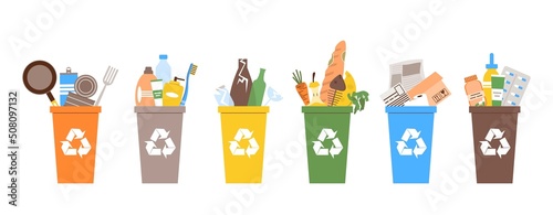 Waste sorting. Garbage bins for sorting garbage. Waste management concept. Different types of garbage. Metal and medicines in different containers. Separation of garbage for recycling. Zero waste.