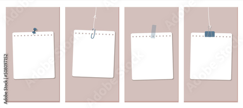 Social Media Stories Layout Set. The white pages of the notebook are hanging by thread, taped, pinned to the wall. Vector illustration, flat style on a grey background.