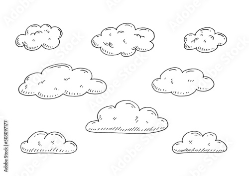 Set form of clouds. Vector color and black hand drawn vintage engraving