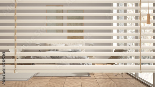 White venetian blinds close up view, over modern scandinavian bedroom with double bed and armchair, interior design, privacy concept