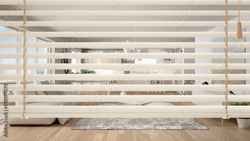 White venetian blinds close up view, over modern kitchen, living and dining room with sofa and table with chairs, interior design, privacy concept