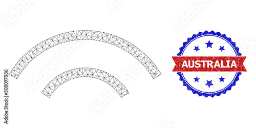 Net mesh radio signal polygonal framework icon, and bicolor grunge Australia seal. Red stamp contains Australia caption inside ribbon and blue rosette. Vector frame polygonal net radio signal icon.