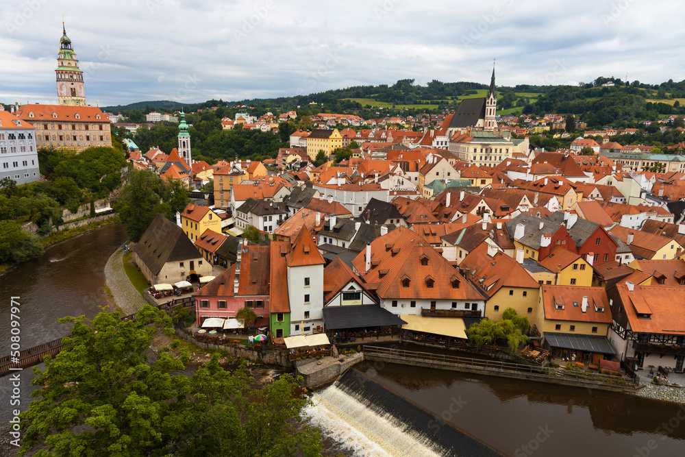 The view of St. Vitus church, the town of Cesky Krumlov and Vltava river from the castle. Český Krumlov, South Bohemia, Czech Republic.