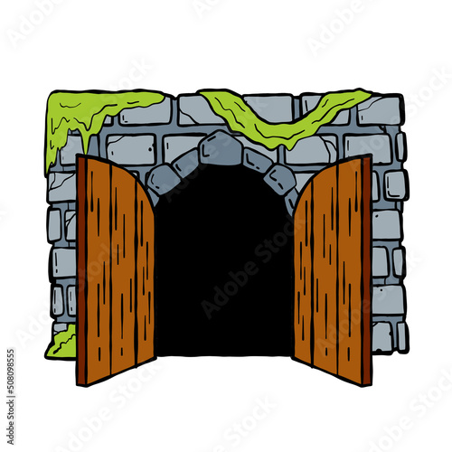 Door of castle. Entrance to fairy tale fortress or stone medieval old wall. Wooden open doorway. Cartoon hand drawn illustration