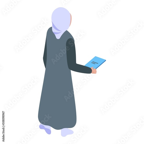Muslim teacher icon isometric vector. Arabic education. Video playing