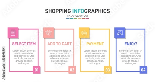 Concept of shopping process with 4 successive steps. Four colorful graphic elements. Timeline design for brochure, presentation, web site. Infographic design layout.