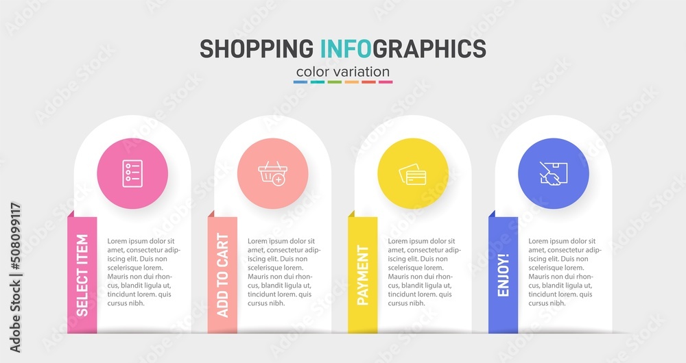 Concept of shopping process with 4 successive steps. Four colorful graphic elements. Timeline design for brochure, presentation, web site. Infographic design layout. Concept of shopping process with 4 successive steps. Four colorful graphic elements. Timeline design for brochure, presentation, web site. Infographic design layout.