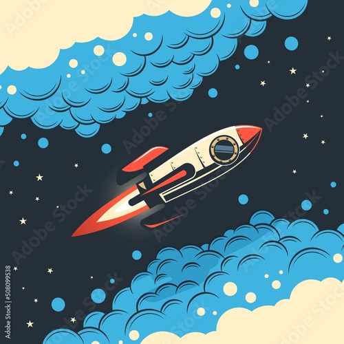 Retro rocket in comic style. Vintage rocketship flies in space among swirling clouds. Vector illustration.