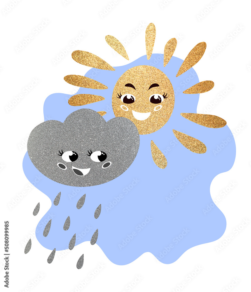 The sun and a cloud with rain. Cute vector characters with big eyes and smiles. Texture with sequins. Summer weather. Vector illustration The sun and a cloud with rain. Cute vector characters with big eyes and smiles. Texture with sequins. Summer weather. Vector illustration