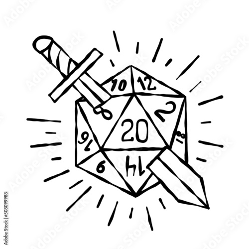 Cartoon dice for fantasy dnd and rpg Board game. Outline cartoon with medieval sword