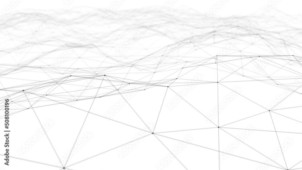 Plexus animation of moving, polygons and points in space, connected and interacting. The surface deforms and bends, like on waves.  Abstract polygonal background with dots and lines.Seamless loop.