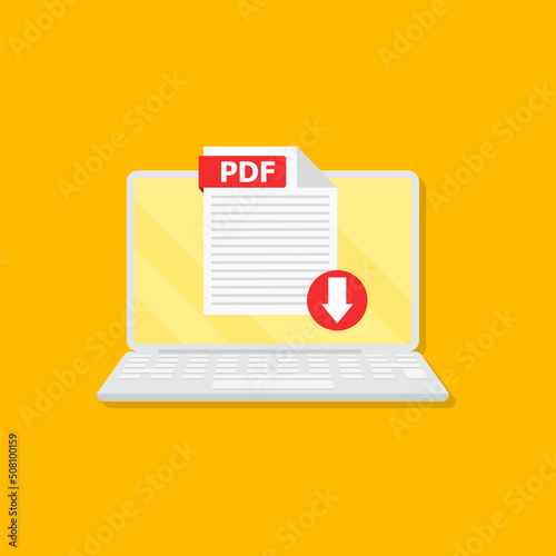 Download PDF button on laptop screen. Downloading document concept. File with PDF label and down arrow sign. Vector stock illustration.