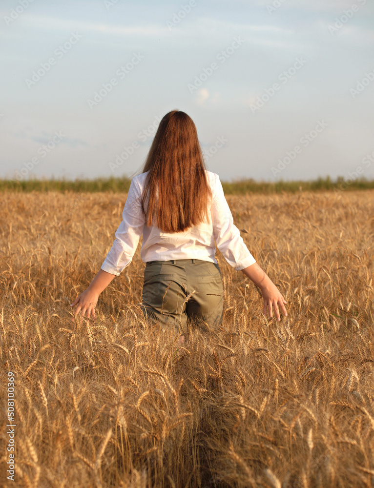 Summer girl enjoys nature in a yellow wheat field. Beautiful young woman walking outdoors. Long hair flutters in the wind. Happiness and lifestyle. Rear view. Rural landscape, agriculture. Happiness. Summer girl enjoys nature in a yellow wheat field. Beautiful young woman walking outdoors. Long hair flutters in the wind. Happiness and lifestyle. Rear view. Rural landscape, agriculture. Happiness.