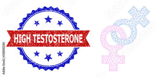 Mesh lesbian pair sign polygonal frame icon, and bicolor dirty High Testosterone watermark. Red stamp includes High Testosterone tag inside ribbon and blue rosette.