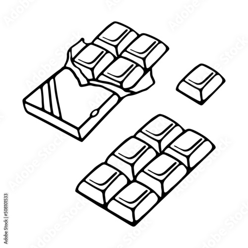 Set of Chocolate Bars. Wrapped in a packing chocolate bar, in unwrapped foil, with large pieces, a whole block. Hand-drawn engraving style Vector illustration