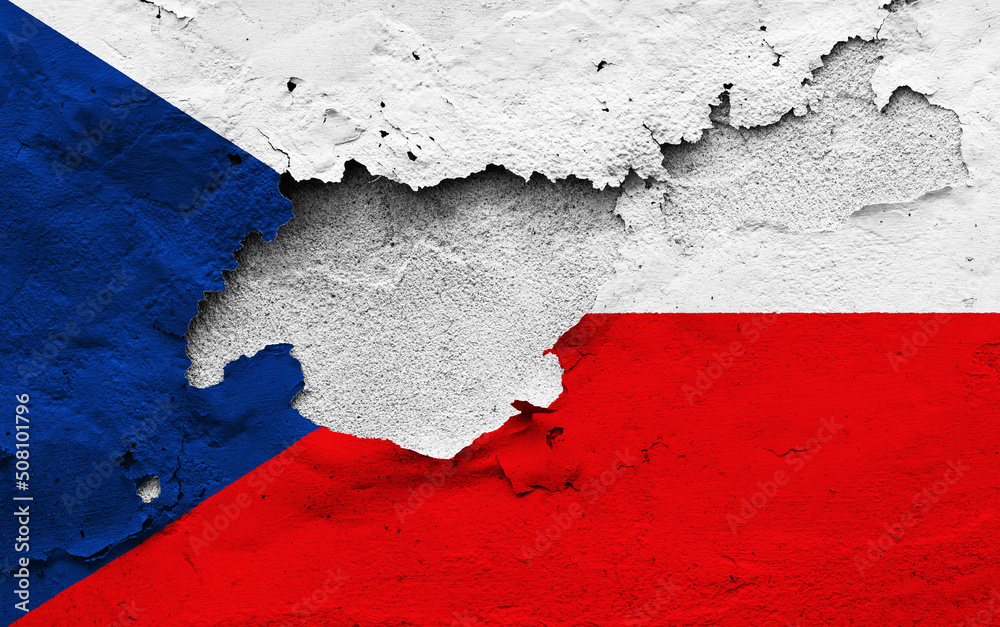 Obraz premium Graphic Concept of a damaged Flag of the Czech Republic painted on a wall.