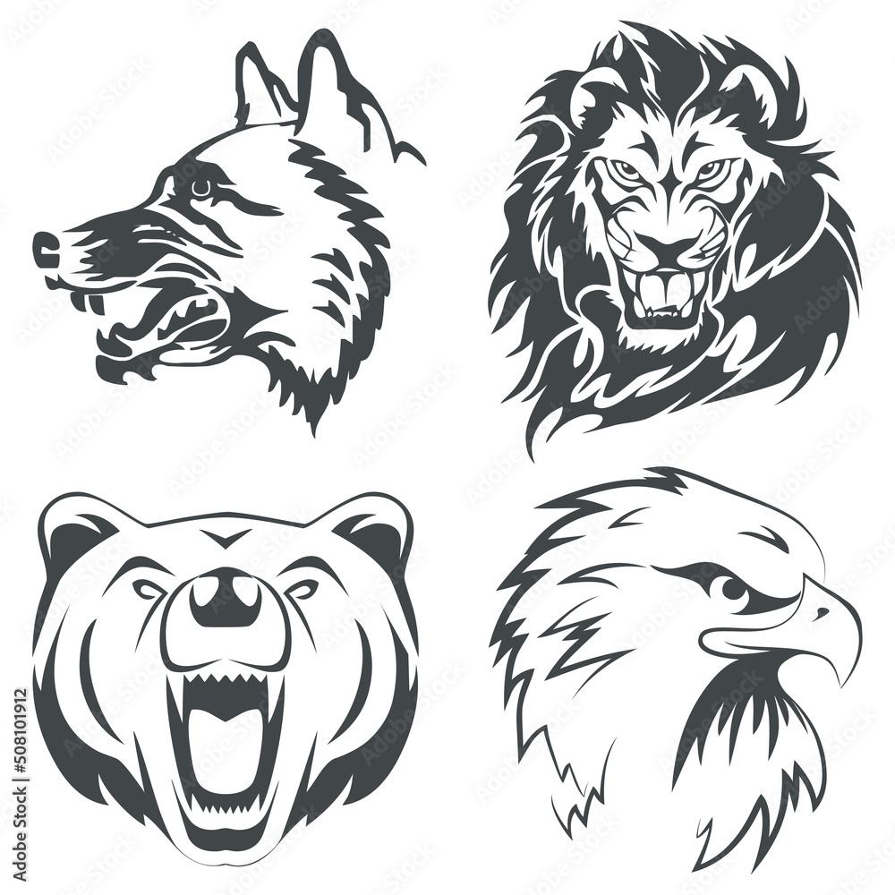 Obraz premium Lion Eagle Wolf Bear logo Template, Hawk Grizzly Coyote Mascot head