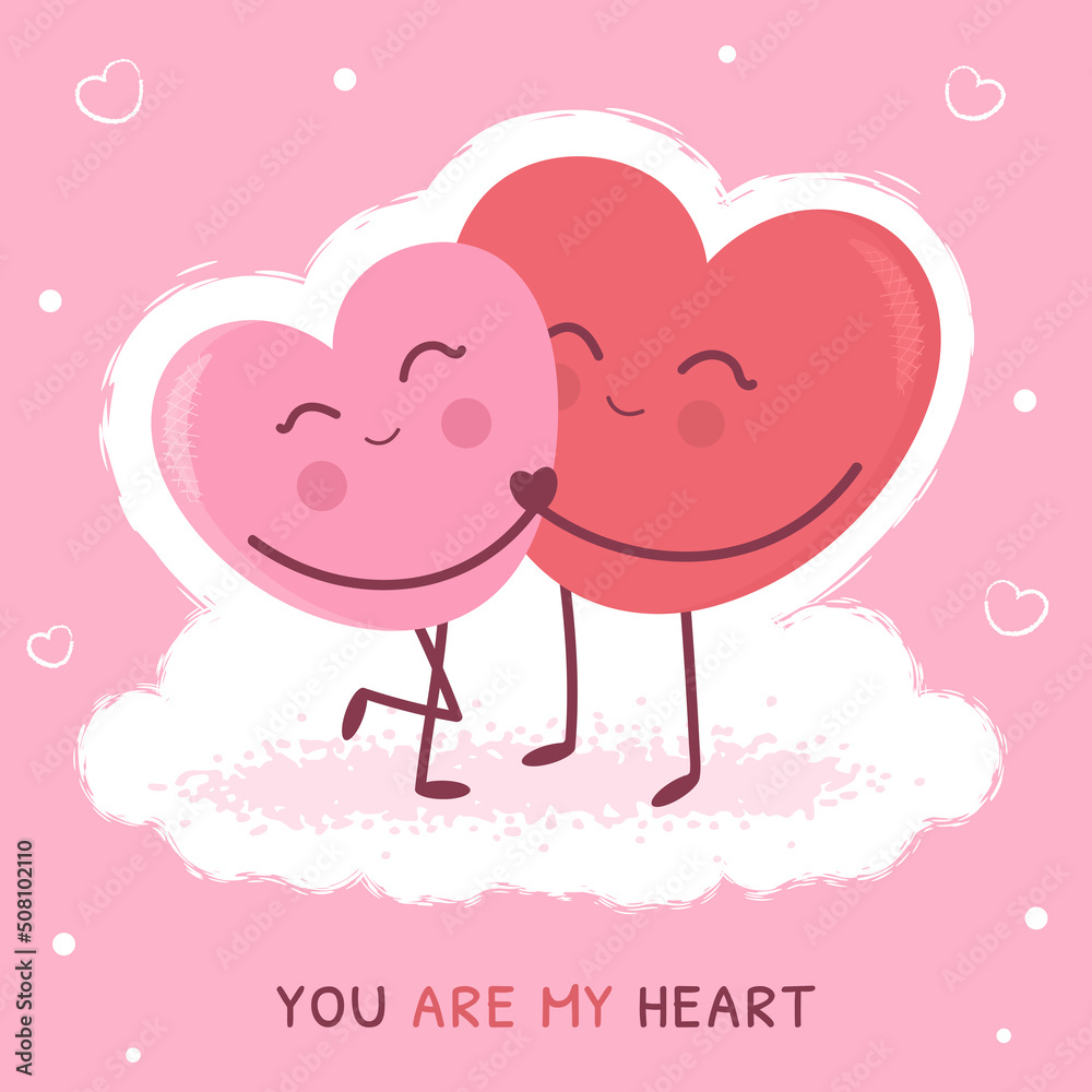 Love. Hugging hearts on pink background