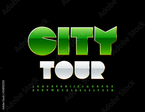 Vector modern banner City Tour with abstract style Font. Green and Gold Alphabet Letters and Numbers